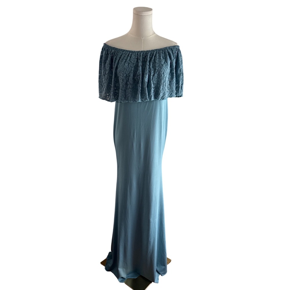 Molya Dusty Blue Lace Ruffle Off Shoulder Maternity Maxi Dress Small